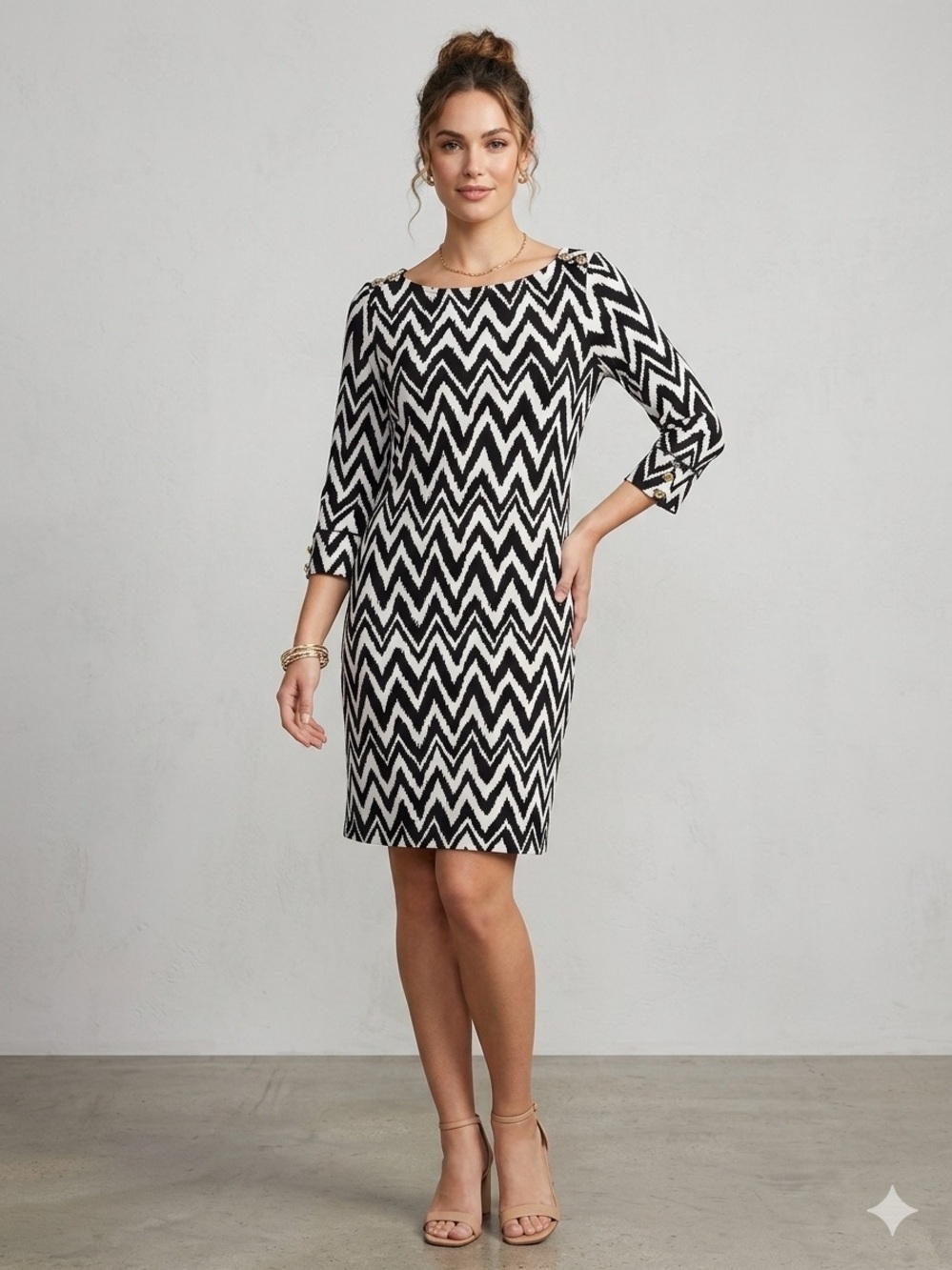 Lilly Pulitzer Black White Chevron Print Shift Dress 3/4 Sleeve Bodycon MEDIUM